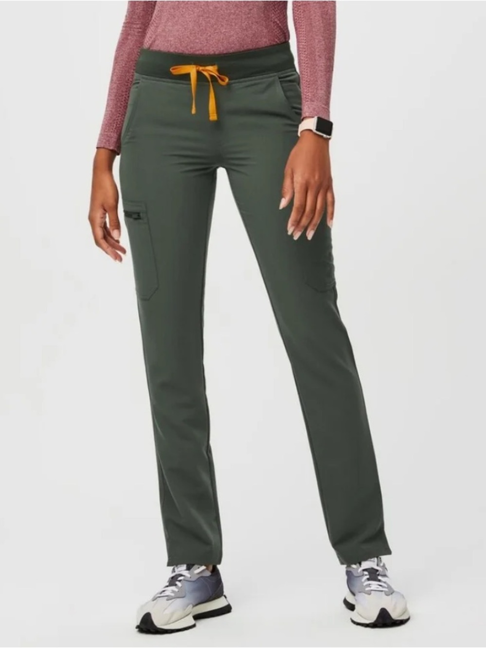 Figs Olive Green Scrub Pants with Mustard Drawstring